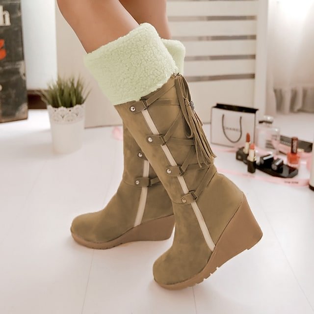 Women's Snow Boots Knee High Boots Tassel Lace-up Wedge Heel Mid-Calf Boots
