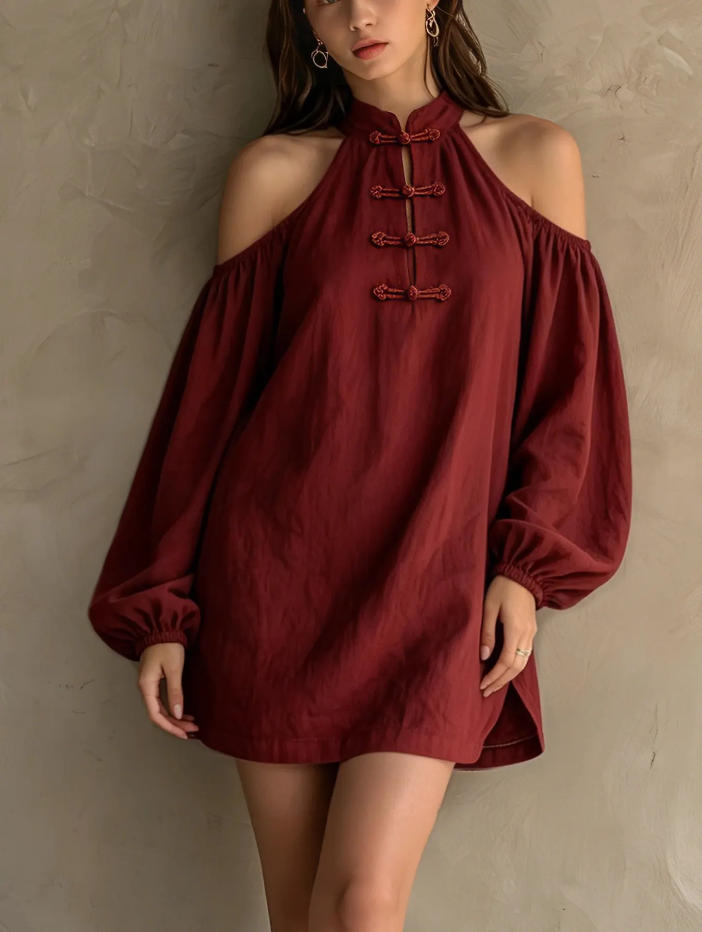 Women Button Halter Off Shoulder Mini Dress