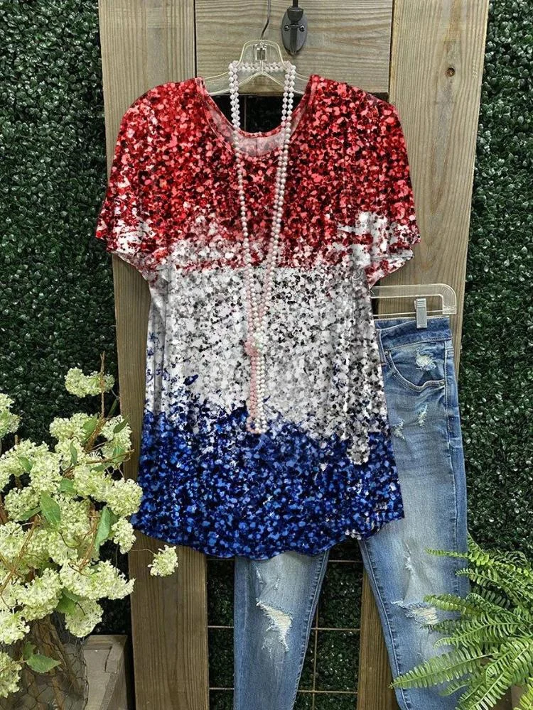 Crew Neck Colorblock Glitter Short Sleeve T-Shirt