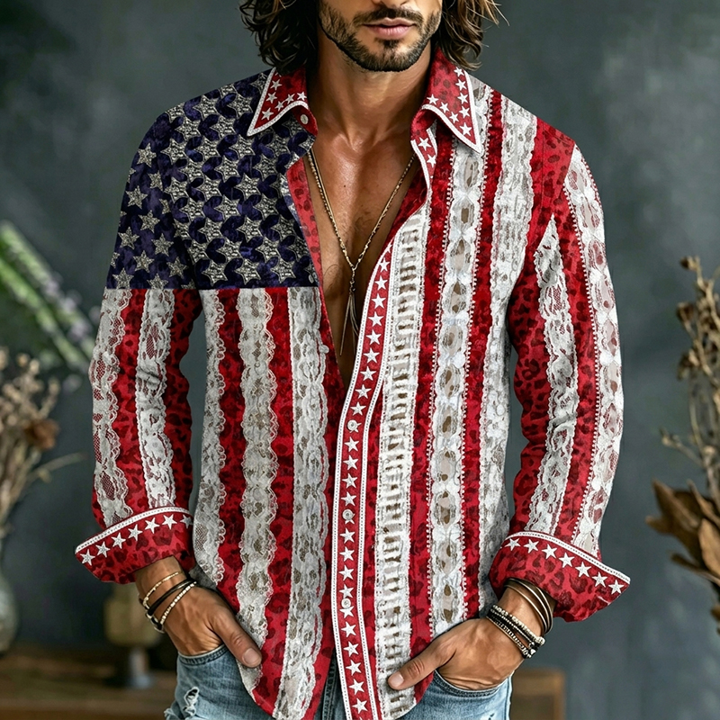  Men's Vintage 1776 Independence Day Flag Print Casual Shirt Westsshops