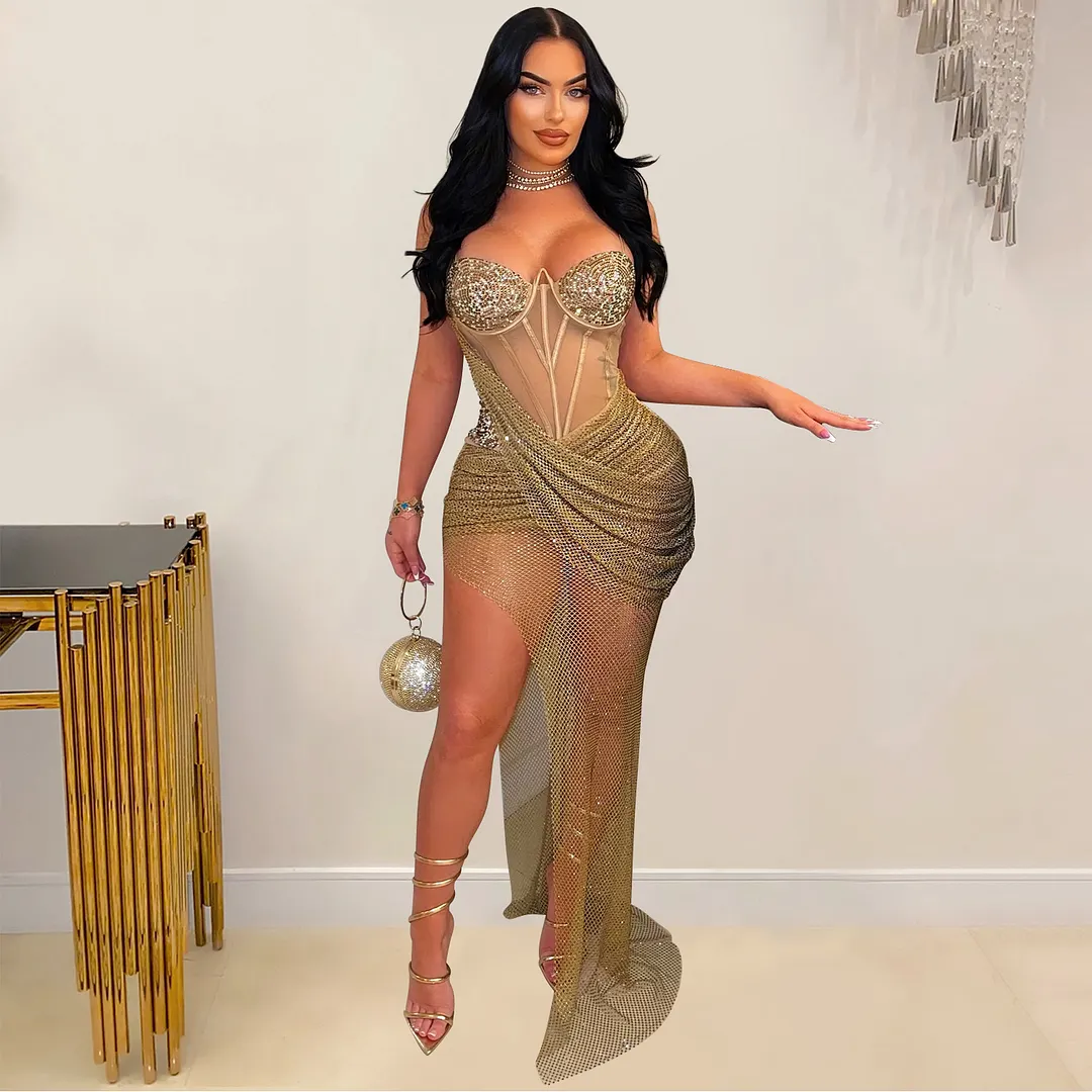 Churchf Churchf Fashion Women's Sexy Mesh Hot Diamond Long Skirt Dress