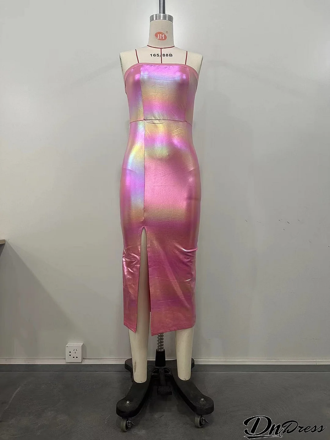 Women Clothing Features Shiny Gradient Pu-Leather High Slit Chest Wrap Dress