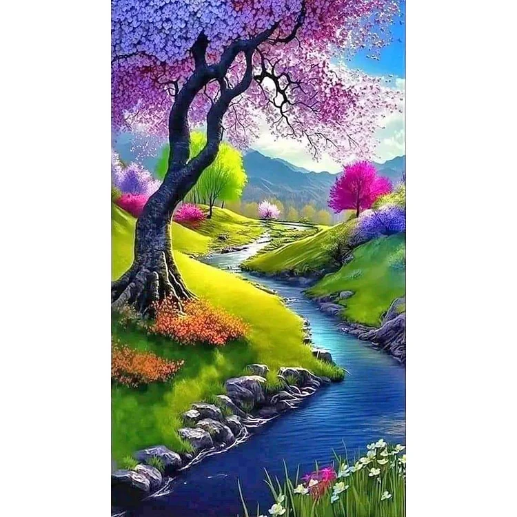 Small Tree In High Mountains And Flowing Water 40*70CM(Canvas) Full Round Drill Diamond Painting gbfke