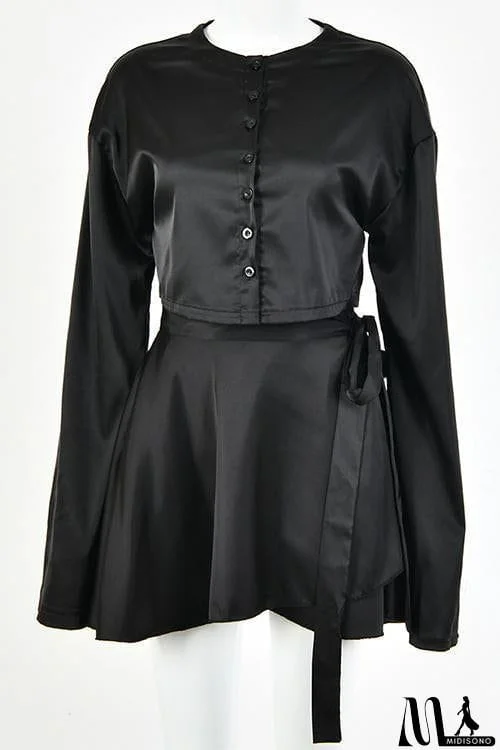 MidiSono - Button Flares Sleeve Skirts Set