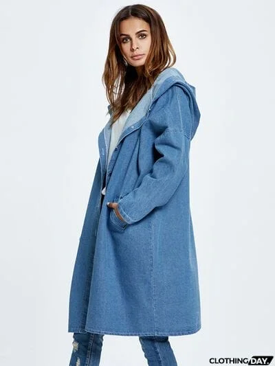 Button Up Dropped Shoulder Hooded Denim Top