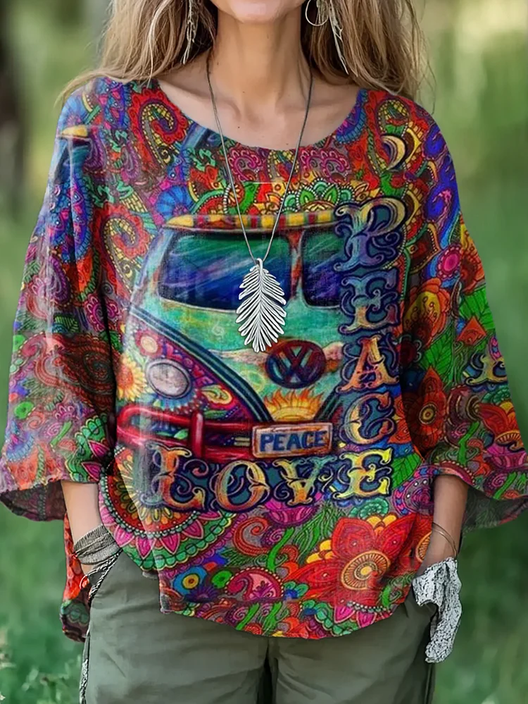 Women's Car Hippie Graphic Art Print Casual Cotton and Linen Shirt