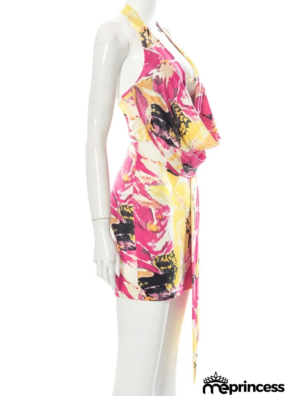 Women Summer Rose Sexy Halter Sleeveless Floral Print Backless Mini Bodycon Dress