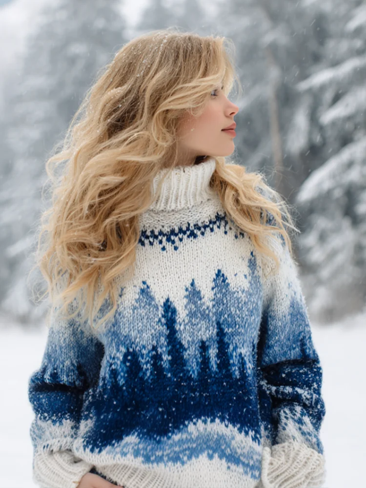 Women's Winter Snow And Ice Forest Design High Neck Tight Knit Sweater