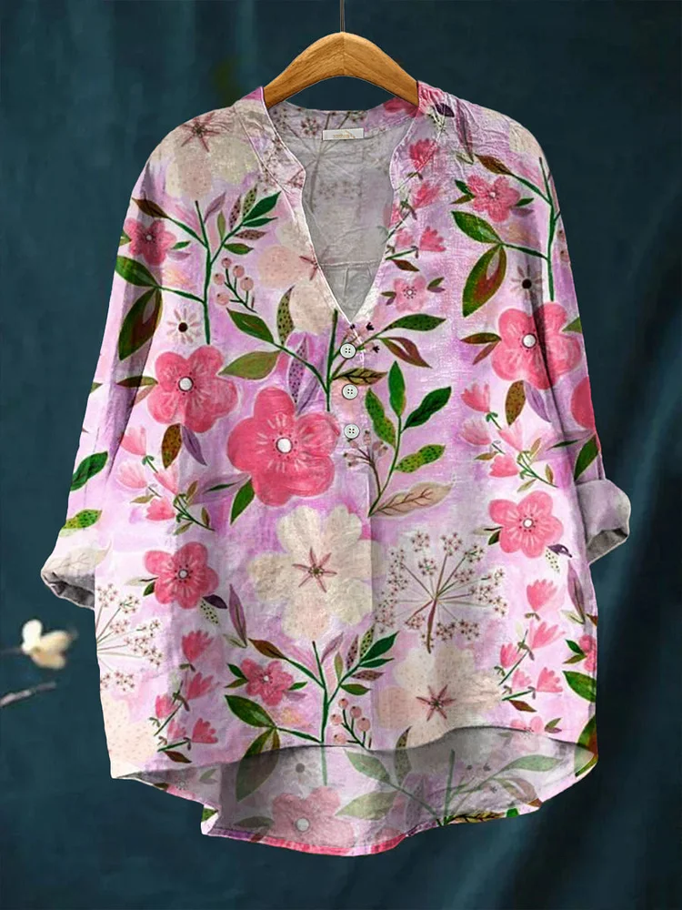 Women's Beautiful Large Flower Painting Art Print Casual Cotton And Linen Ruffle Shirt