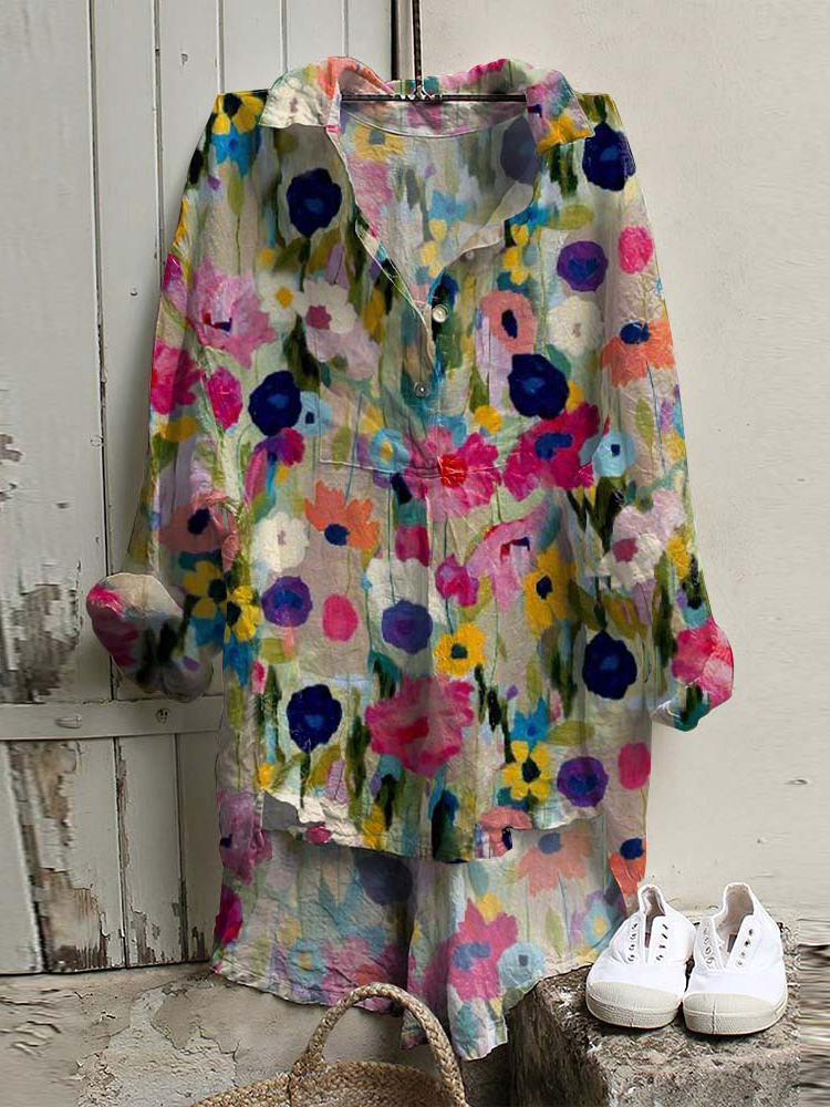 Comstylish Vintage Button Colorful Floral Art Printed Casual Shirt