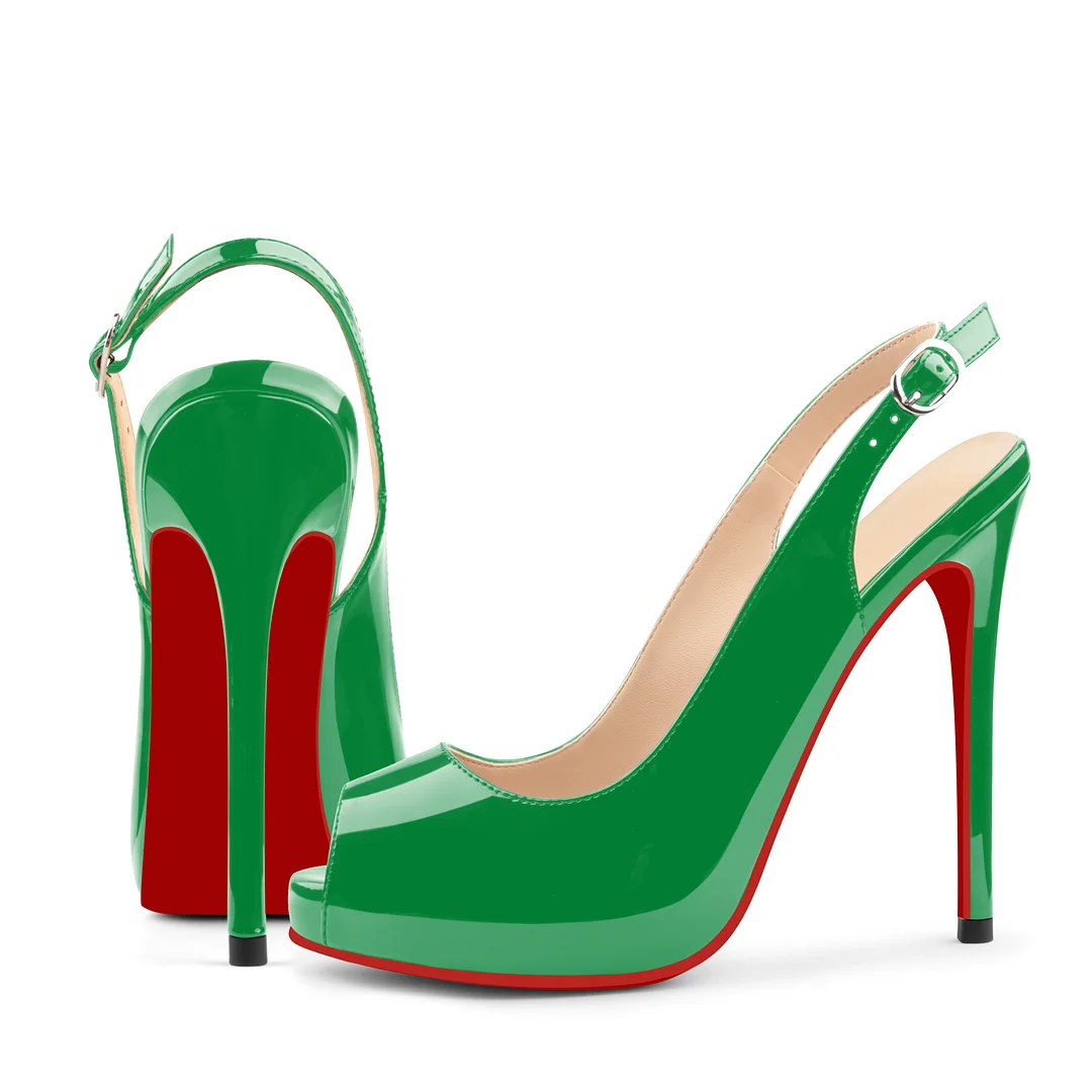 120mm Red Bottom Elastic Strap Slingback Sandals Peep Toe Platform Stilettos Black Patent Heels-MERUMOTE