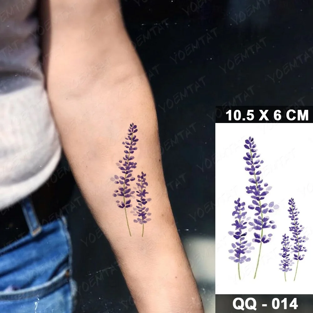 Waterproof Temporary Tattoo Sticker Watercolor Flowers Plants Flash Tatoo Purple Lavender Wrist Fake Tatto For Body Art Women