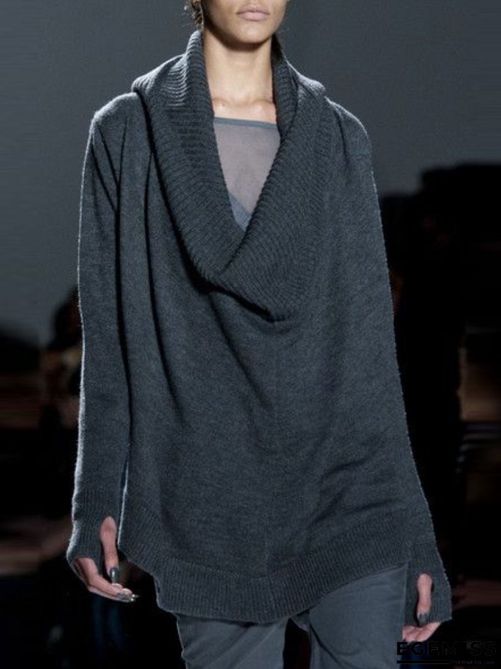 Black Cotton-Blend Long Sleeve plus size  Sweater | EGEMISS