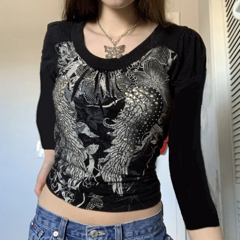 Xingqing Y2K Long Sleeve Tops Goth Print Cute Graphic T Shirts Women Basic Autumn Cropped Tee Shirt E Girl Streetwear Clothing