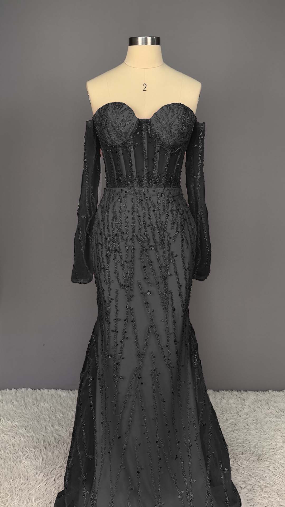 Heavy Champagne Prom Dress Sweetheart Long Sleeves Strapless Beads Mermaid Tulle YL0223