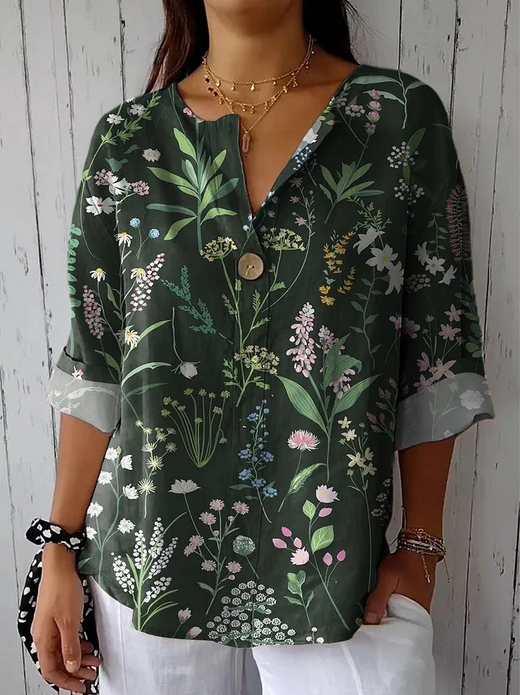 Women's Vintage Lovely Floral Art Print Casual Cotton Linen Shirt