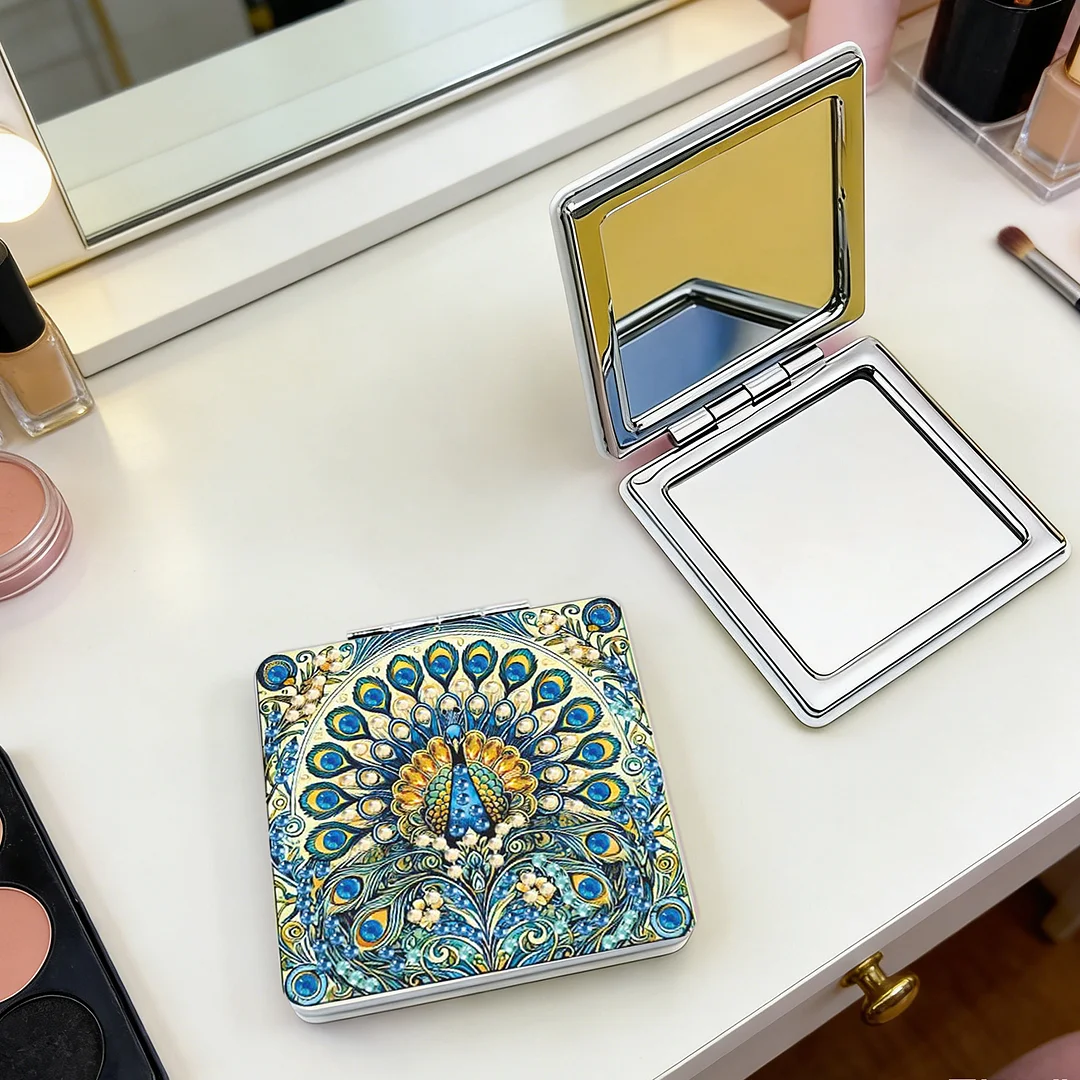 Blue Peacock DIY Special Shaped Diamond Painting Compact Mirror Kits Diamond Art Painting Pocket Mirror for Adults and Beginners