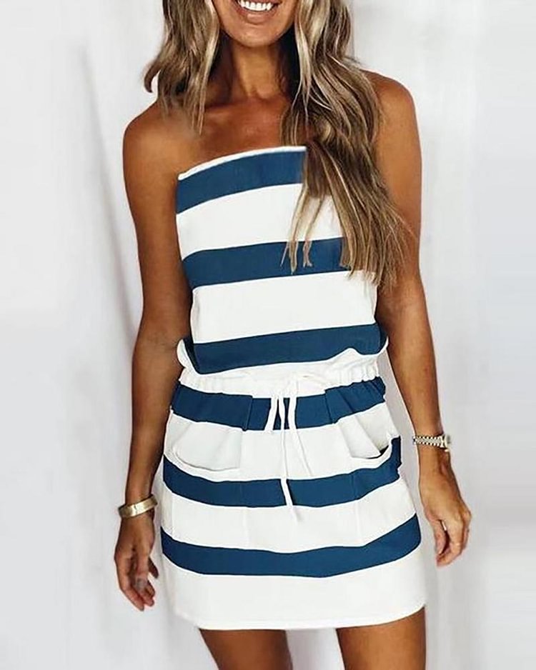 Bandeau Pocket Design Drawstring Striped Dress - Shop Trendy Women's Clothing | LoverChic