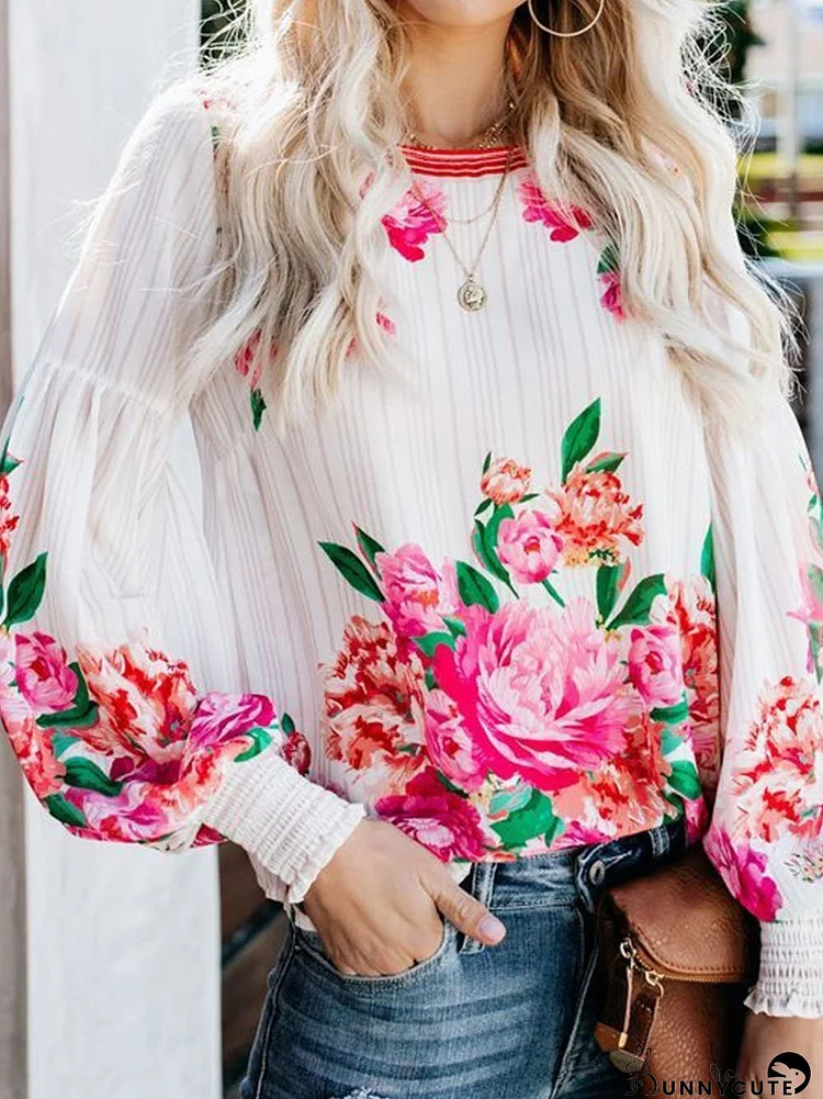 Fashion Floral Print Puff Sleeve Shirt for Women