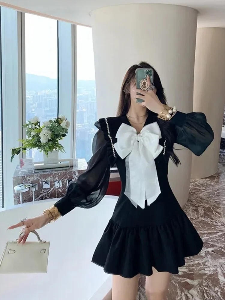 French Elegant Dress 2023 Spring Design Edible Tree Fungus Bow A-LINE High Waist Party Dress Preppy Style Date Sweet Streetwear