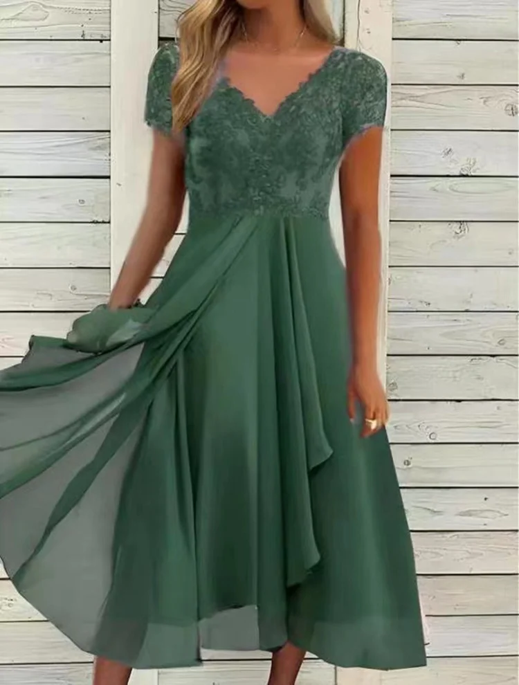 Uveng Uveng Station Dress Female Chiffon Stitching V-Neck Lace Dress Bridesmaid Evening Dress Even