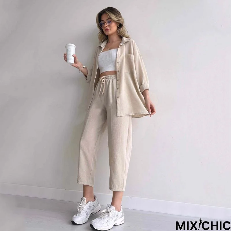 Plus Size Women's Fall Casual Loose Shirt Coat Cropped Sport Harem Pants Two-Piece Set