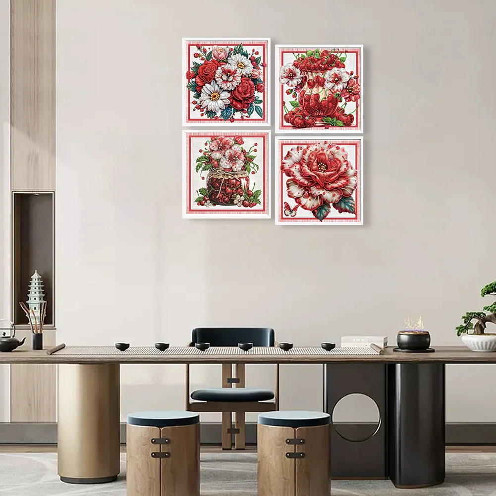4pcs Diamond Painting - Partial Special Shaped Drill - Red Flower(Canvas|30*30cm)