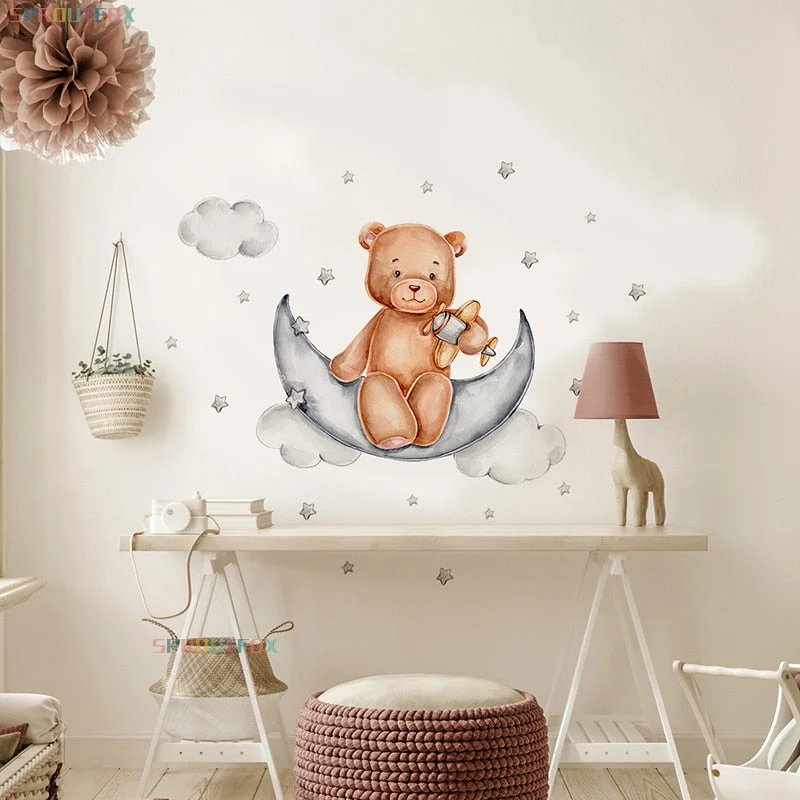Animal Bear Pattern Wall Stickers For Kids Rooms PVC Wall Stickers Child Moon Wall Stickers For Children's Room Wallpaper
