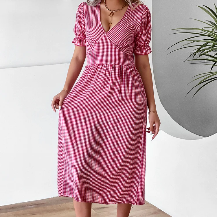 Women's Fashion Elegant Casual Sexy Plaid V Neck Midi Dress