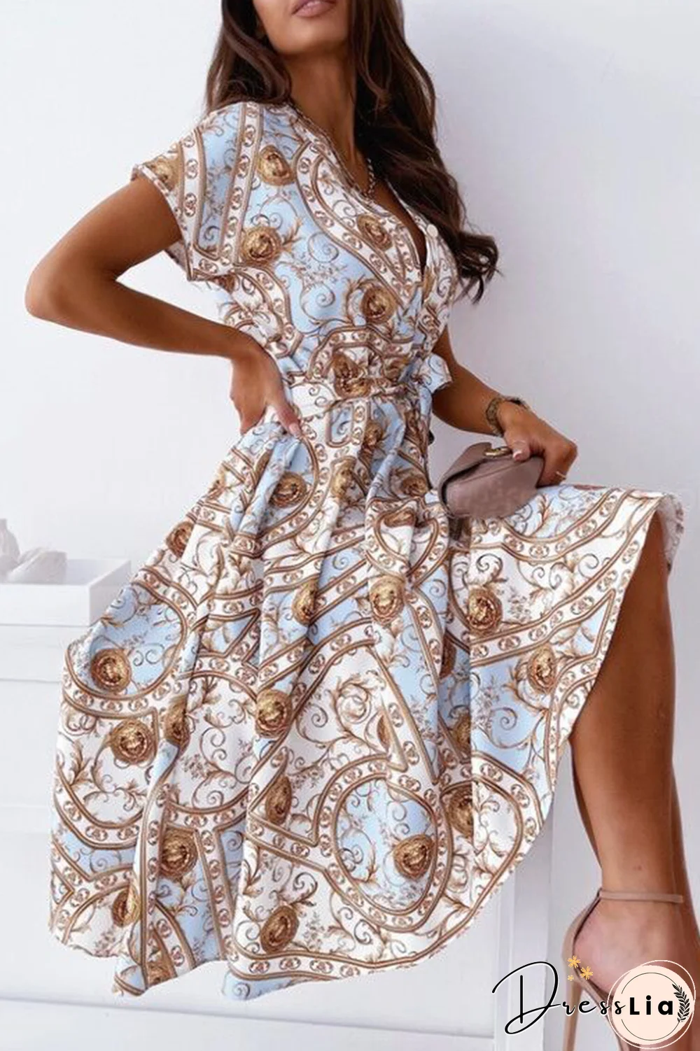 Fashion Elegant Print Buckle With Belt V Neck A Line Dresses