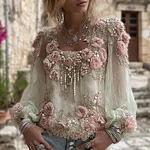 Boho Pink Roses Embroidered Cozy Linen T Shirt - Image 2