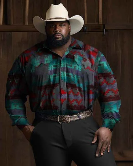 Men's Plus Size Western Denim Graphic Shirt Style Long Sleeve Trousers Two-Piece Set