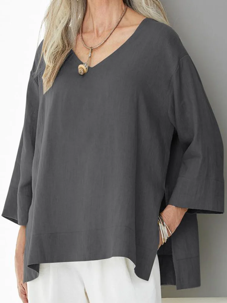 V-Neck Three-Quarter Sleeves Loose Cotton And Linen Shirt With Side Slits