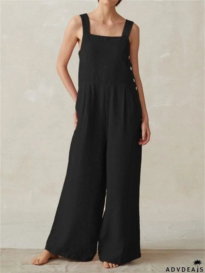 Loose Wide-Leg Side Buckle Design Cotton And Linen Pocket Strappy Jumpsuit