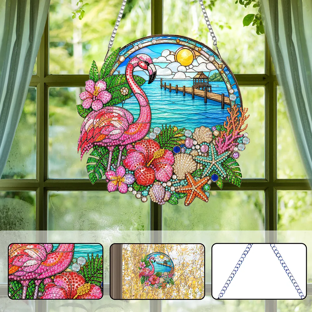 Flamingo Beach Scene 2D Flat DIY PET Diamond Painting Pendant Special Shape Hanging Gem Art Paintings Charm Single Side Drill for Adults Home Wall Window Decor