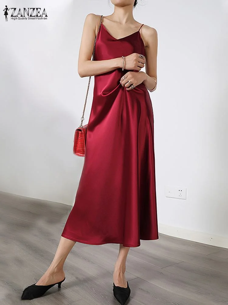 Women Spaghetti Strap Party Dress 2022 ZANZEA Fashion Summer Sundress Female Slip Dresses Solid Elegant Vestidos