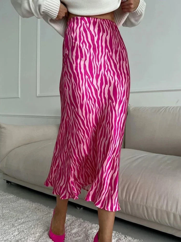 Toloer Pink Printed Satin Midi Straight Skirt-Outfit Ideas