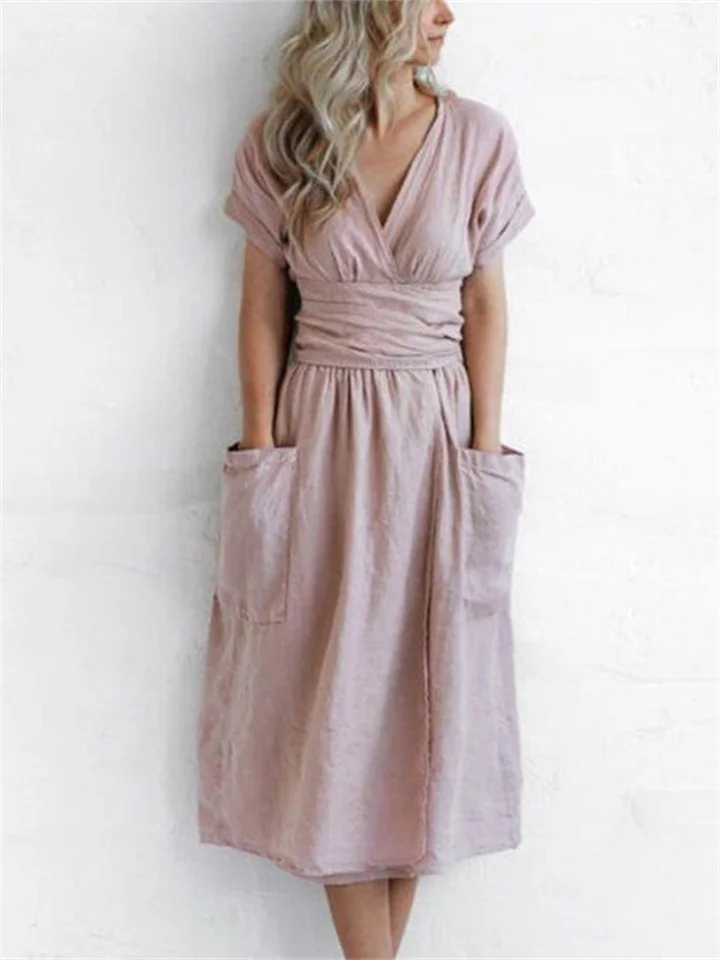 V-Neck Short Sleeve Pocket Solid Cotton Linen Dress