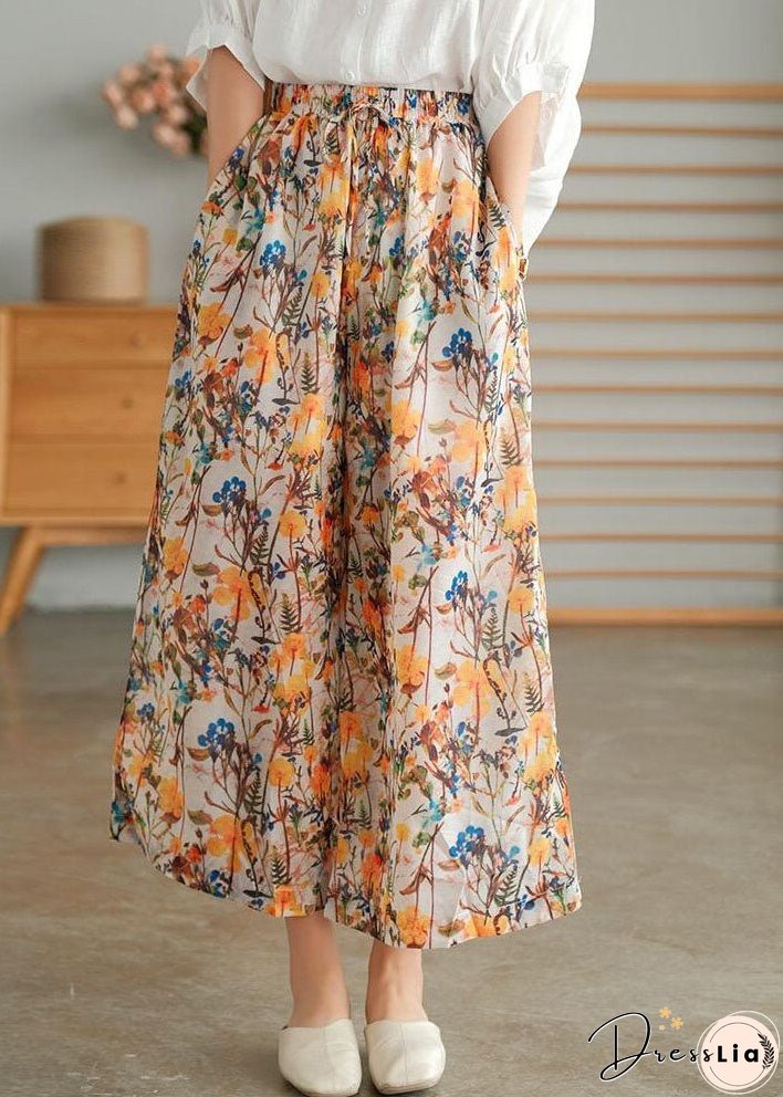 Loose Green Print Pockets Patchwork Cotton Wide Leg Pants Summer