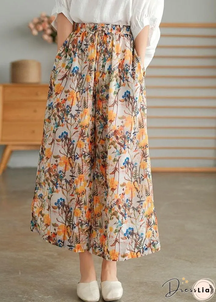 Loose Green Print Pockets Patchwork Cotton Wide Leg Pants Summer