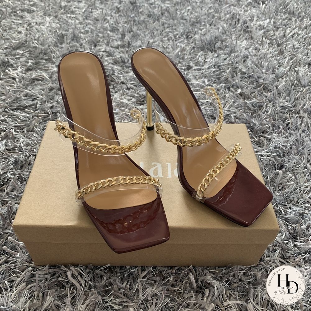 Summer Women Sandals Square Toe Ladies Heel Mules Clear PVC Transparent High Heels Slippers Female Fashion Chain Shoes Woman