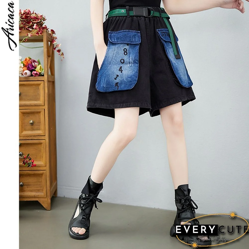 Aricaca Summer Women Denim Shorts Female Vintage Patch Shorts Woman Elastic Waist Loose Jeans Shorts