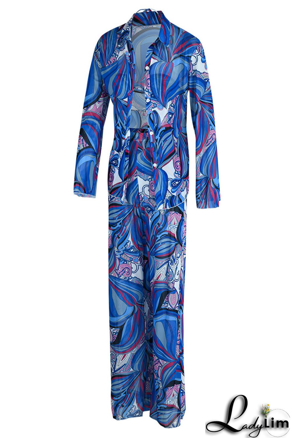 Blue Fashion Casual Print Basic Turndown Collar Long Sleeve Three-piece Set