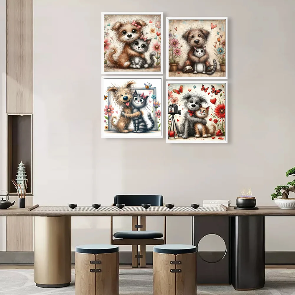4pcs Diamond Painting - Full Round Drill - Warm Cats Dogs(Canvas|30*30cm)