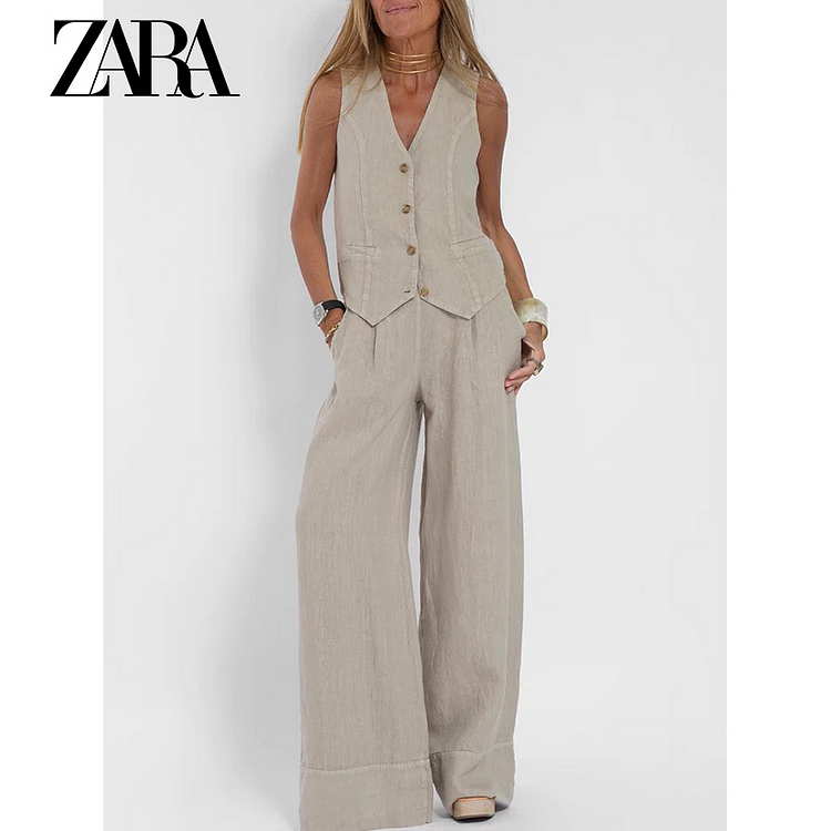 NOWY modny garnitur z patchworkową bawełnianą i lnianą kamizelką ZARA