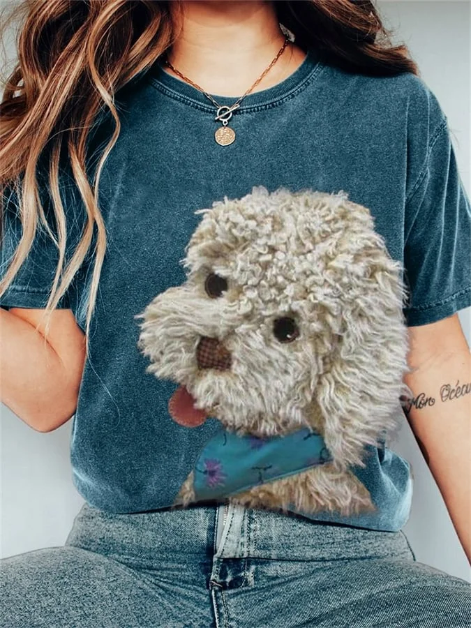 Women's Plush Stitching Dog Printed Casual Round Neck T-Shirt
