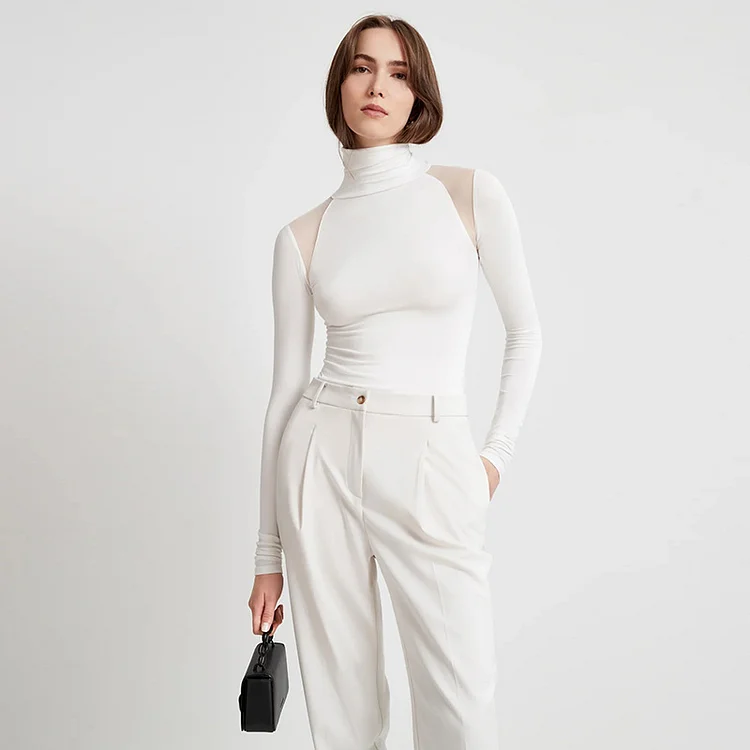  Mesh Paneled Turtleneck Long-sleeved  Bodysuit