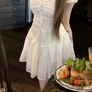 Fit A-Line High Slim Mini Lace Blouse Short-Sleeve Waist Panel Skirt /