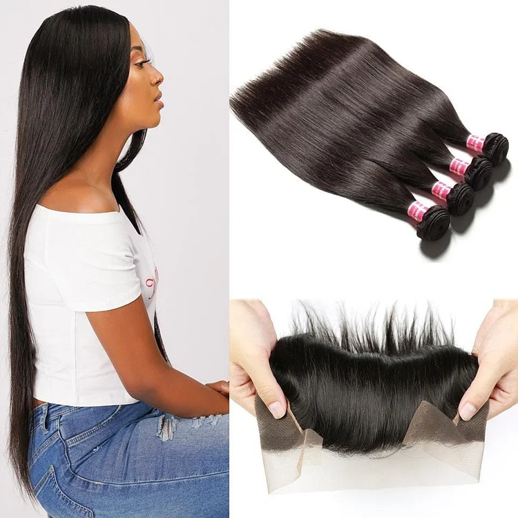 Brazilian 4 Bundles Straight Human Virgin Hair With Lace Frontal Closure