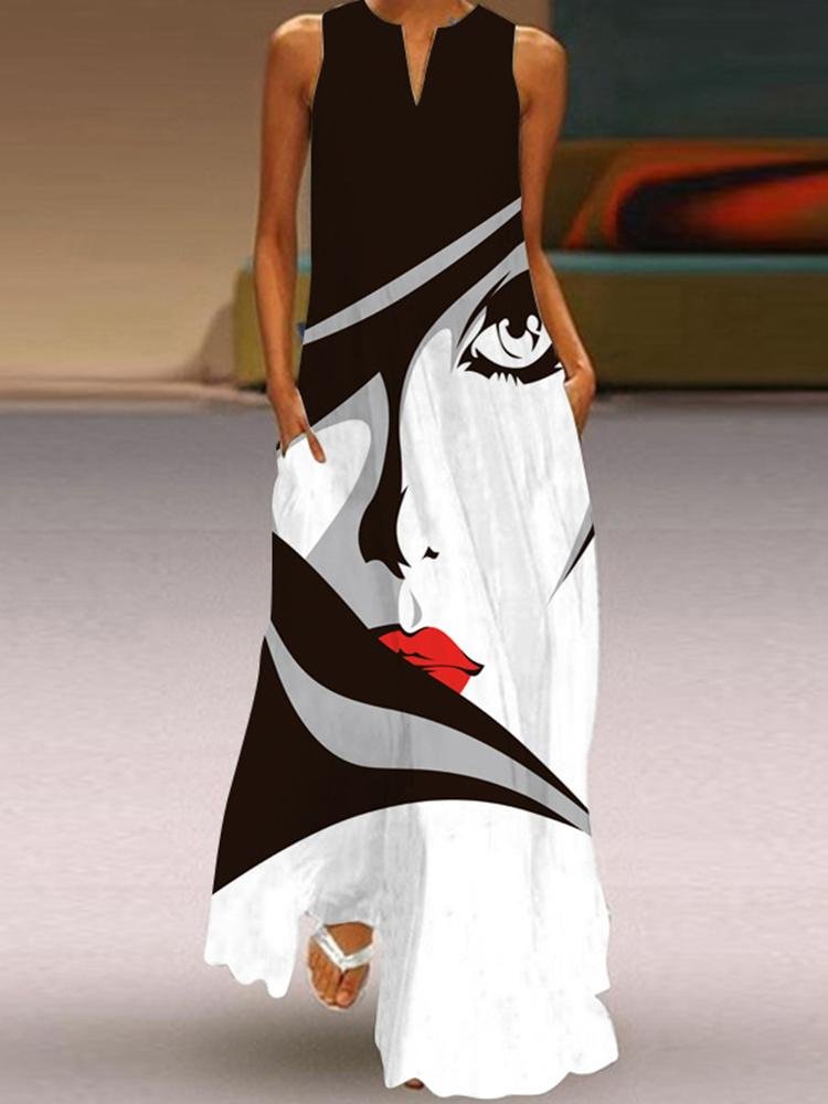 V-neck Sleeveless Pocket Print Dress